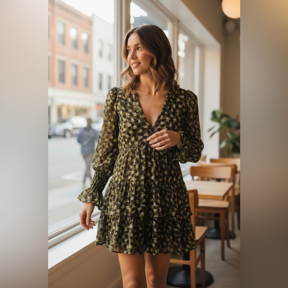 Pomander Place Green and Black Leopard Print Long Sleeve Mini Tiered Ruffle